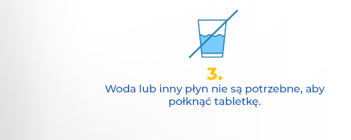 Woda lub inny płyn nie są potrzebne, aby połknąć tabletkę.